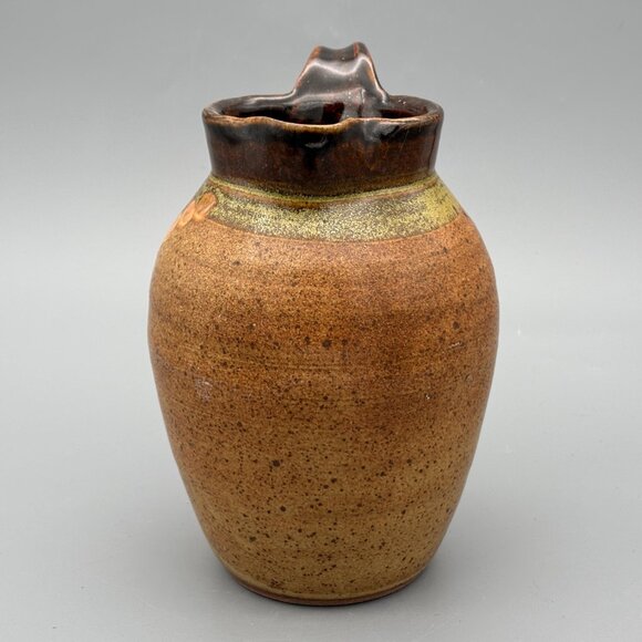 Vintage Studio Pottery Pitcher with Brown Speckled Glaze Botanical Design - Picture 2 of 8
